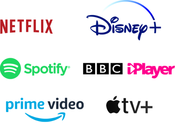 Streaming services logos including Spotify, iPlayer, Amazon Prime, Apple TV