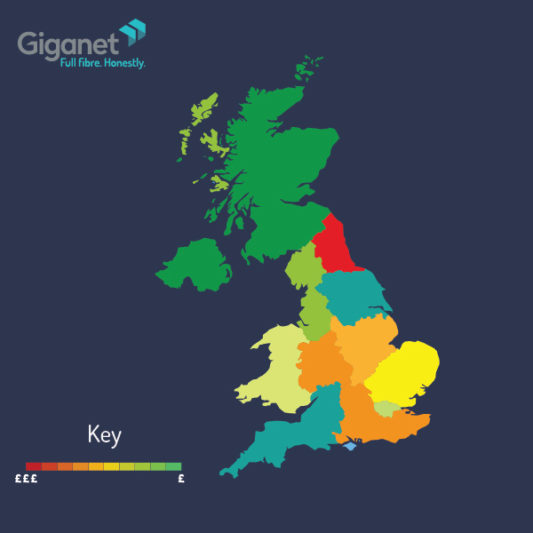 Average cost of broadband map showing least and most expensive counties in the UK