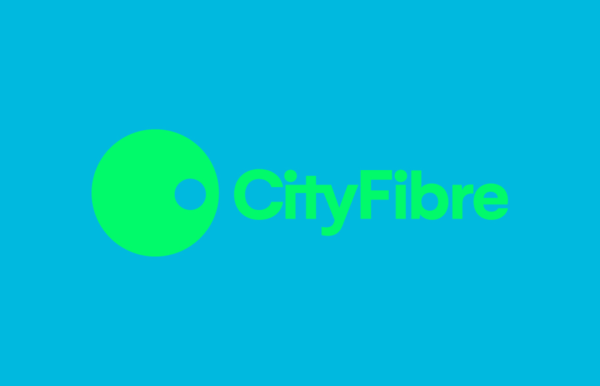 Green text reading cityfibre on blue background
