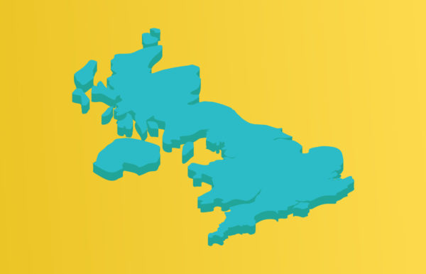Map of UK coloured teal on yellow background