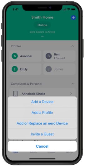 eero app - add/remove device menu