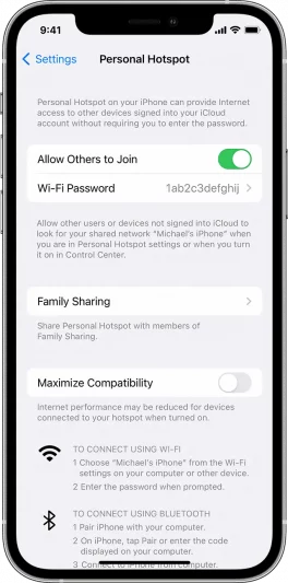 iPhone hotspot settings